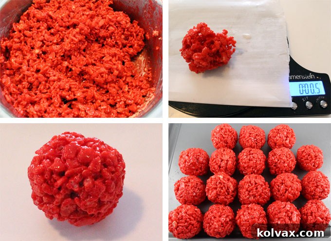 Step-by-step image showing how to mix red food coloring into marshmallow mixture before adding cereal.