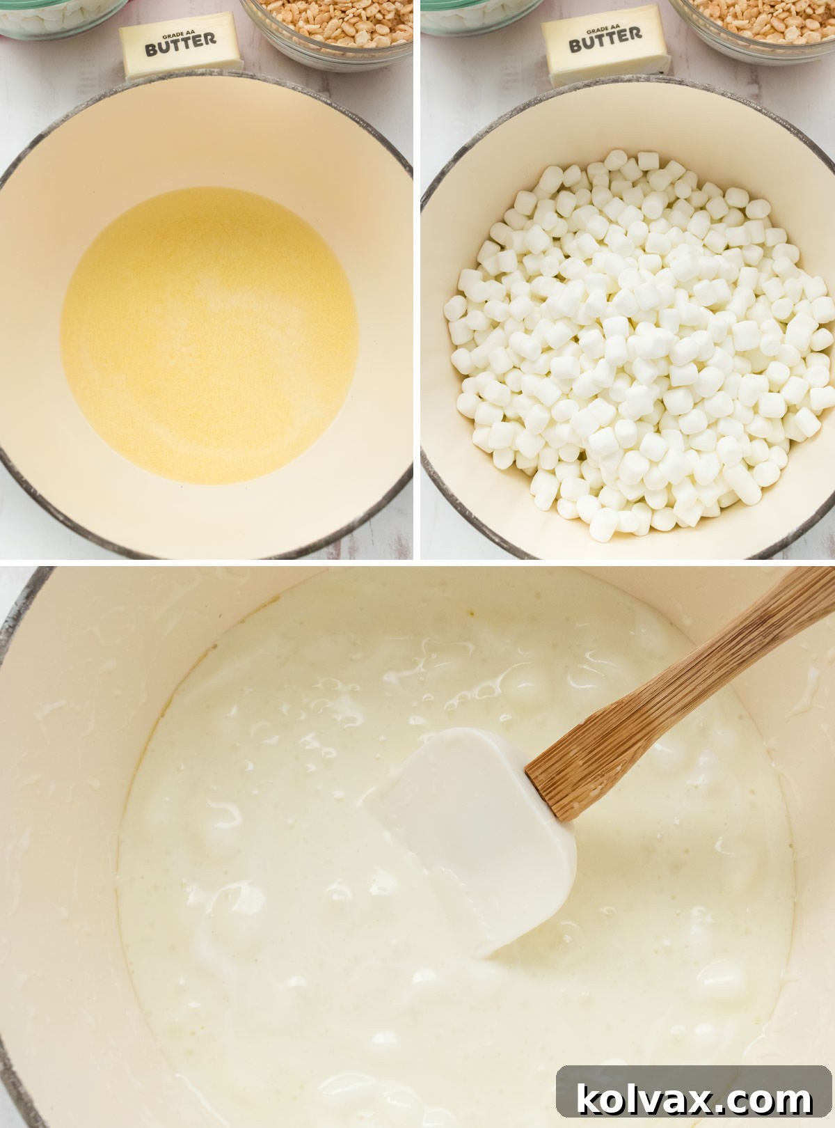 Collage image showing the steps for making the marshmallow mixture for the Rice Krispie Bites.