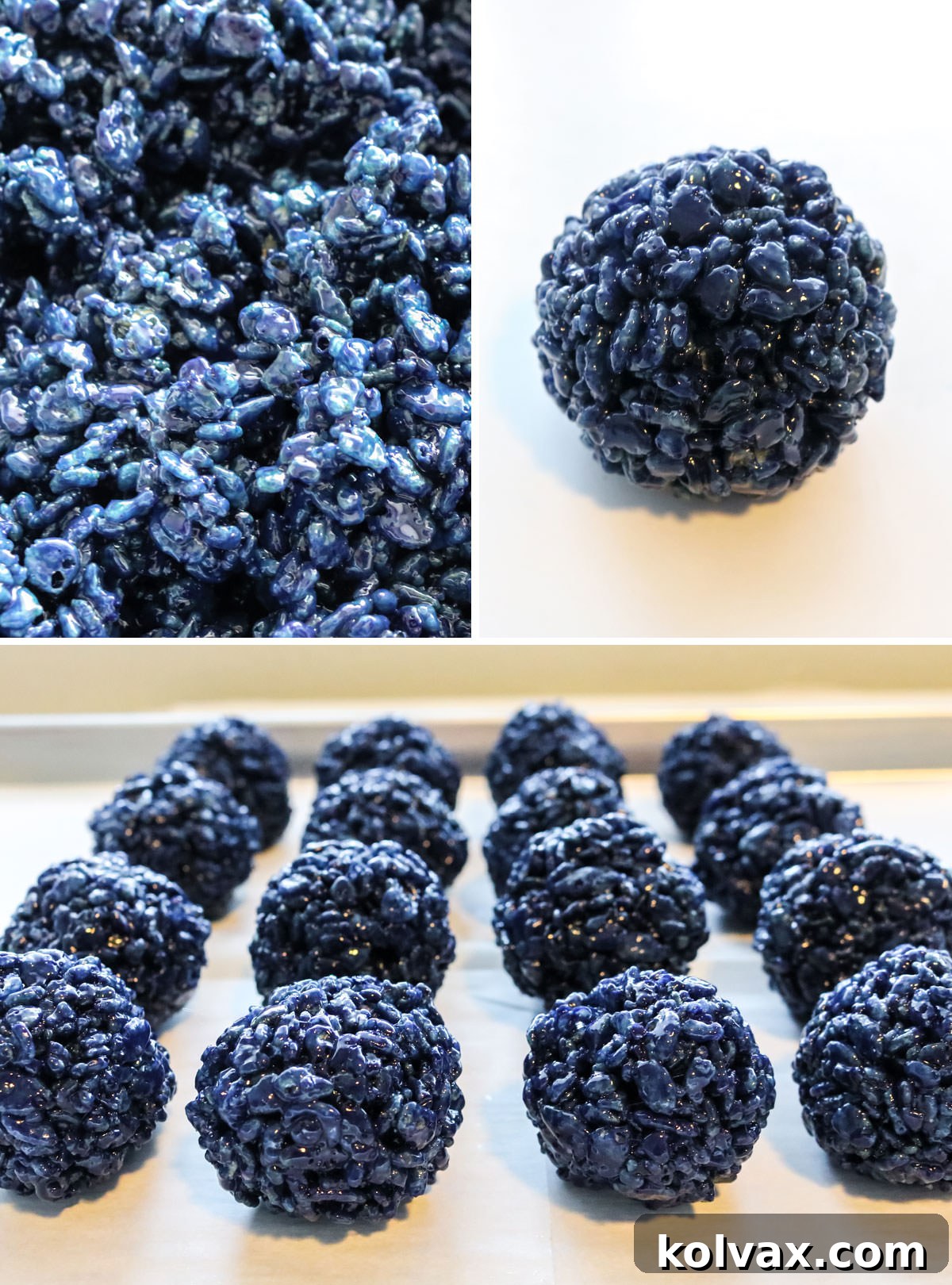 Collage image showing the steps for making the Blue Seattle Seahawks Rice Krispie Bites, from coloring to mixing.