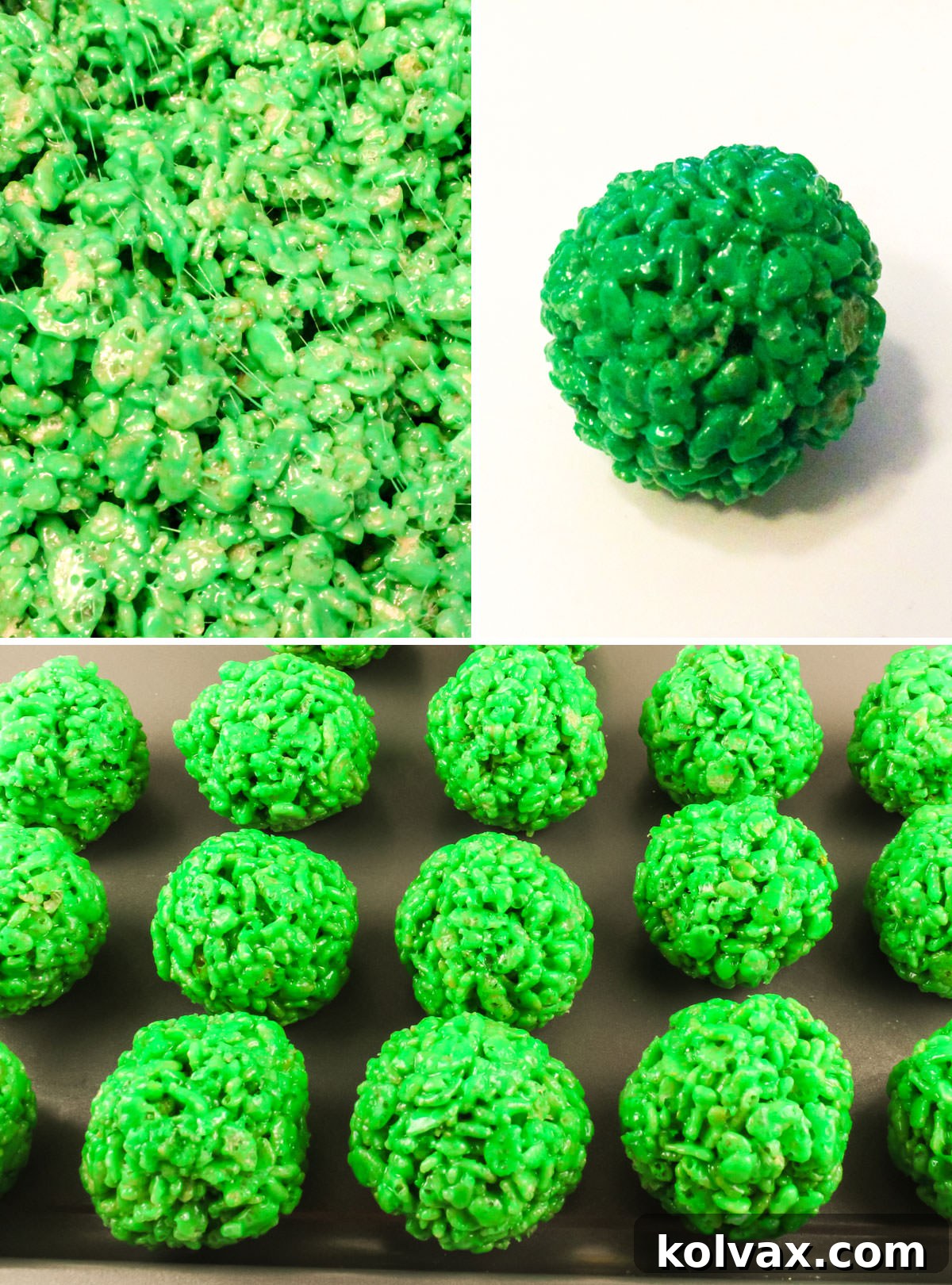 Collage image showing the steps for making the Green Seattle Seahawks Rice Krispie Bites, including color mixing.