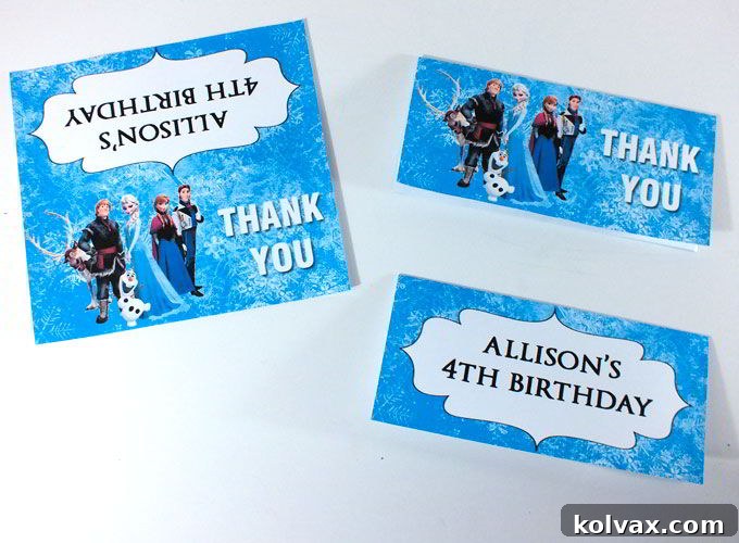 Custom designed thank you labels for Frozen party favor cookies