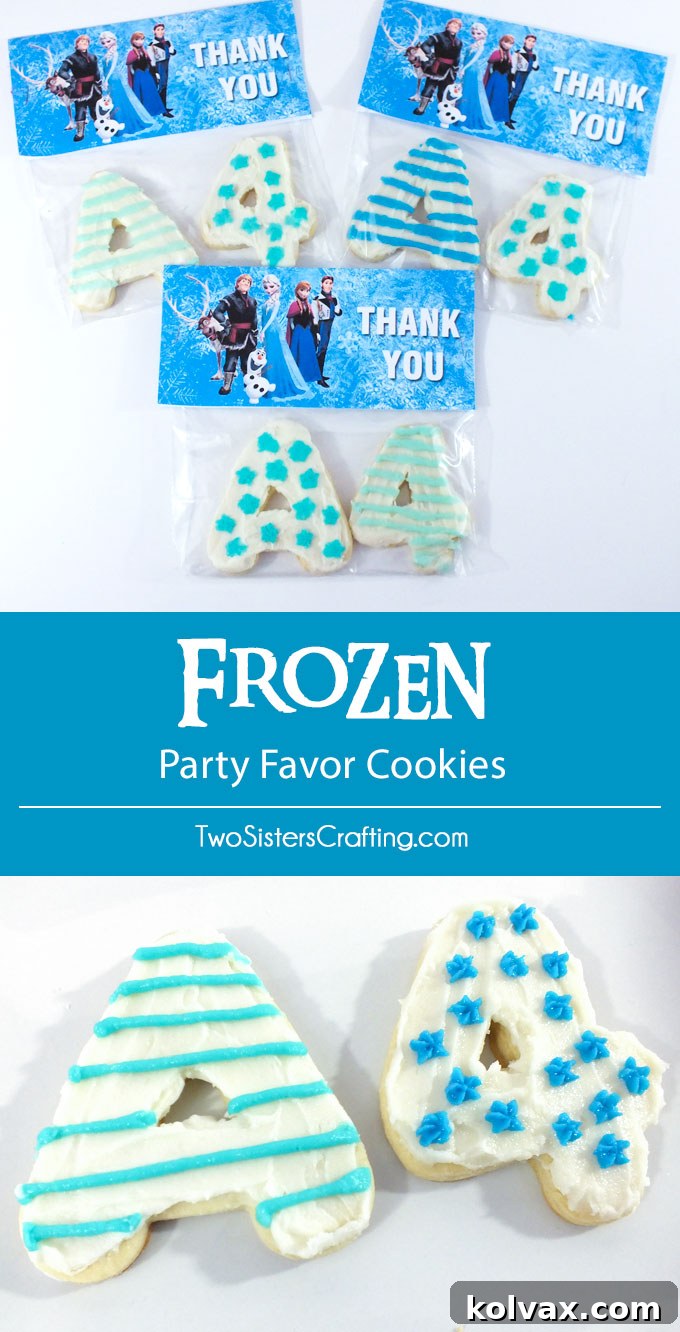 Frozen Party Favor Cookies - These Sugar Cookies with Buttercream Frosting make a nice party favor for a Frozen Birthday Party. Follow us for more great Frozen Party Ideas.