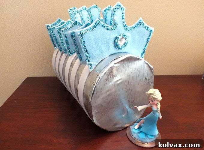 A delightful display of multiple Disney Frozen Elsa Crowns, ready to be distributed as unique party favors for a Frozen themed birthday.