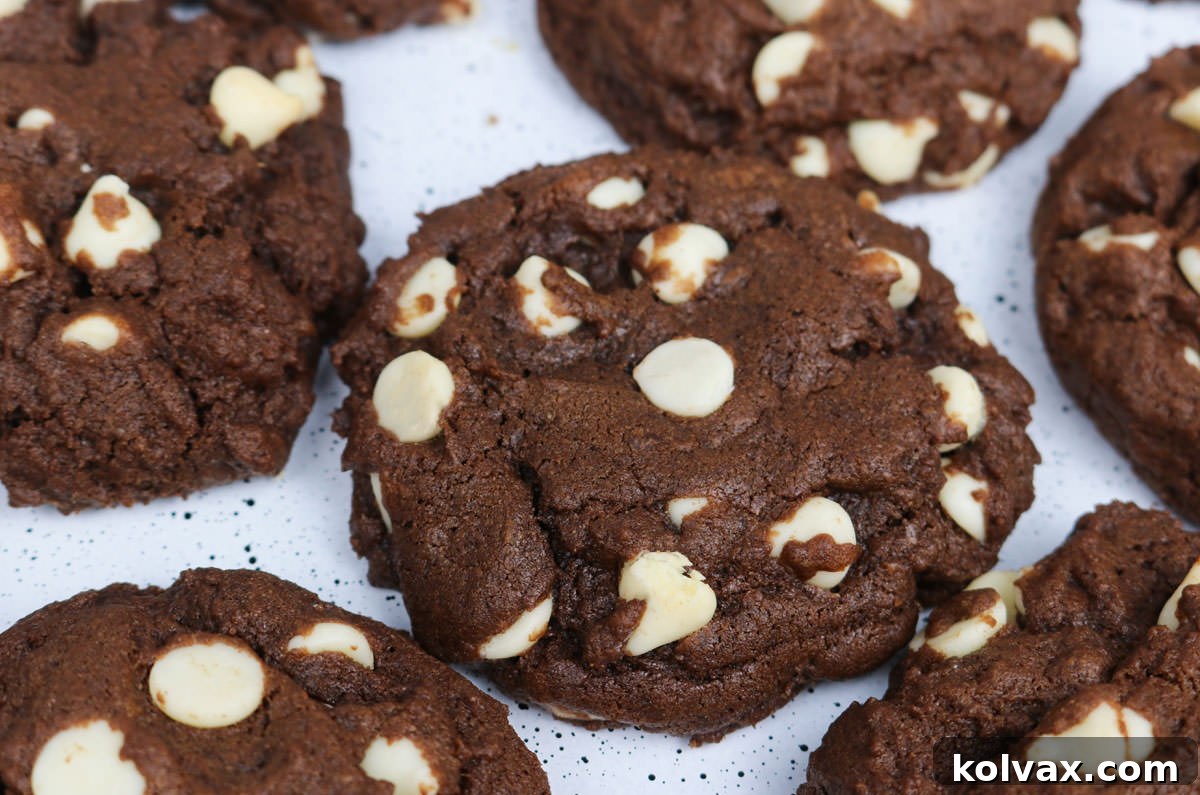 Closeup of a freshly baked batch of Chocolate White Chocolate Chip Cookies cooling on a white cookie sheet, showcasing their rich color and melted white chocolate chips.