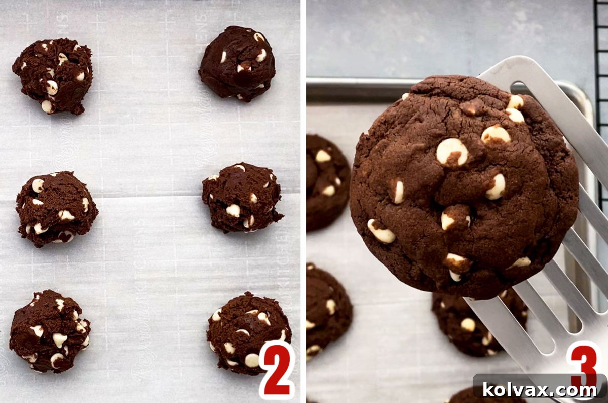A collage image showing two stages of Chocolate White Chocolate Chip Cookies: unbaked dough balls on a baking sheet, and golden-brown, freshly baked cookies after coming out of the oven.