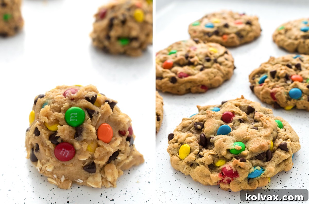 Ultimate Soft and Chewy Monster Cookies 4 A collage showing scoops of Monster Cookie dough on a baking sheet and a fresh batch of cookies cooling on a rack, highlighting the baking process.