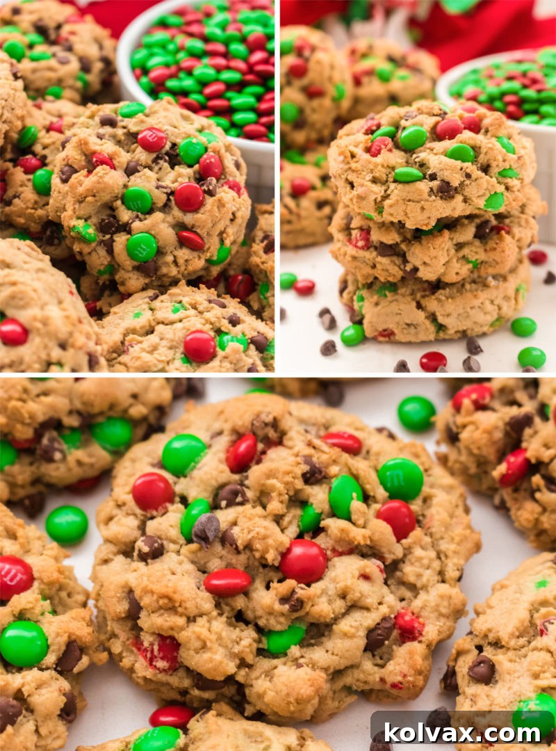 Ultimate Soft and Chewy Monster Cookies 5 A beautifully arranged plate of festive Christmas Monster Cookies, featuring red and green M&M's, perfect for holiday gatherings.