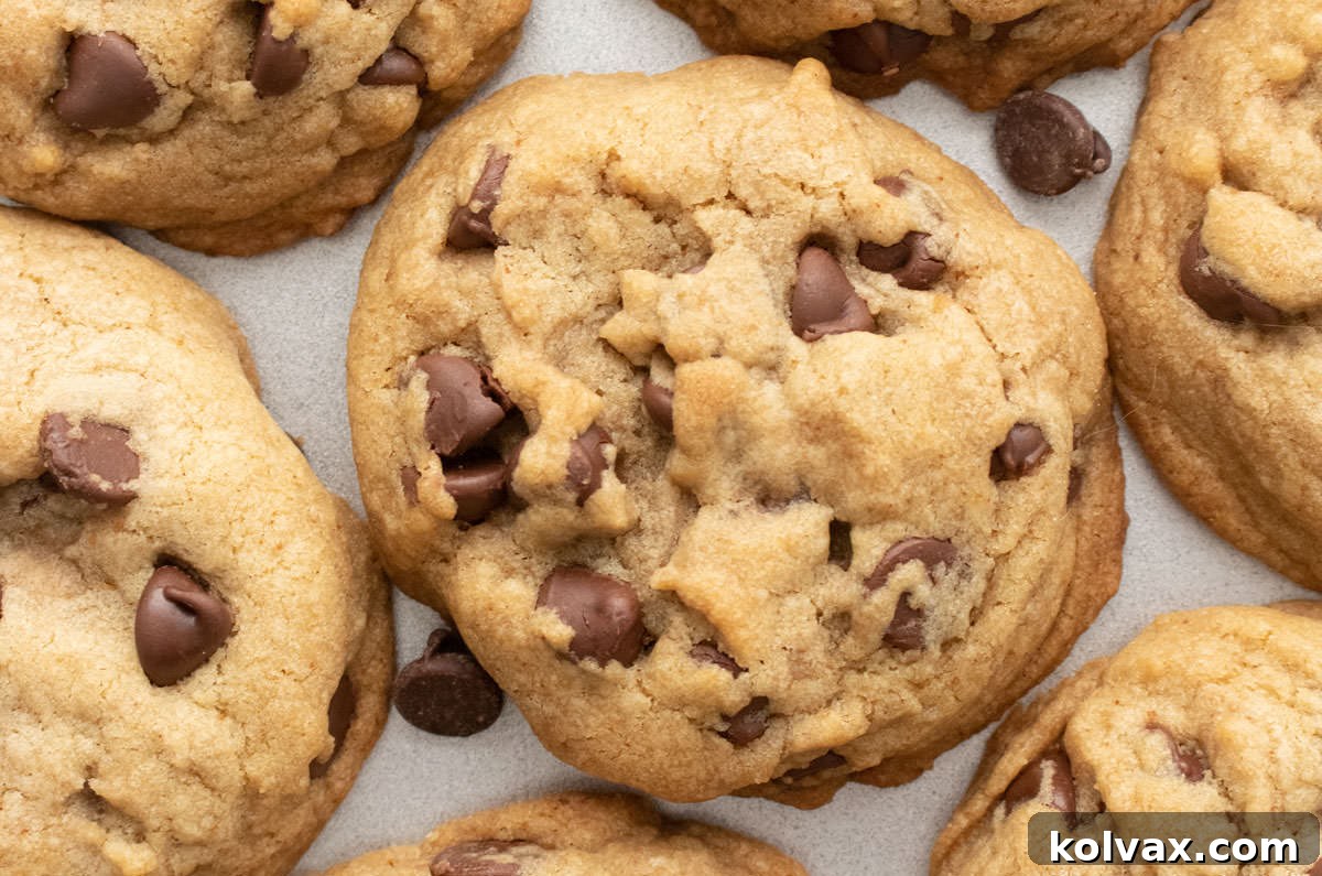 Nutty Brown Butter Chocolate Chip Perfection 2 Closeup on a batch of golden brown butter chocolate chip cookies resting on a silver cookie sheet, showcasing their rich color and melted chocolate chips.