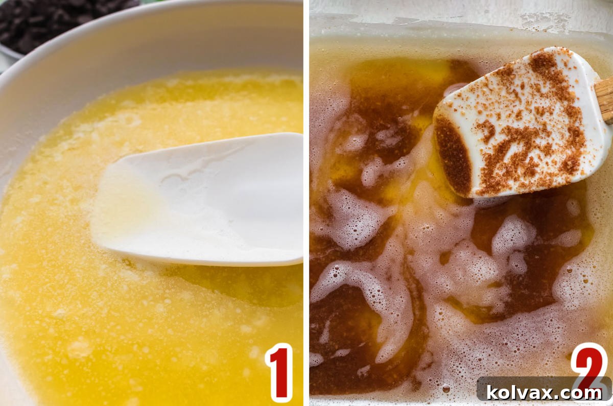 Nutty Brown Butter Chocolate Chip Perfection 3 Collage image demonstrating the step-by-step process of browning butter: from melting, foaming, to the final golden brown stage with toasted bits.