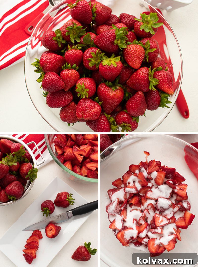 Collage showing steps to clean, slice, and sugar fresh strawberries for shortcake