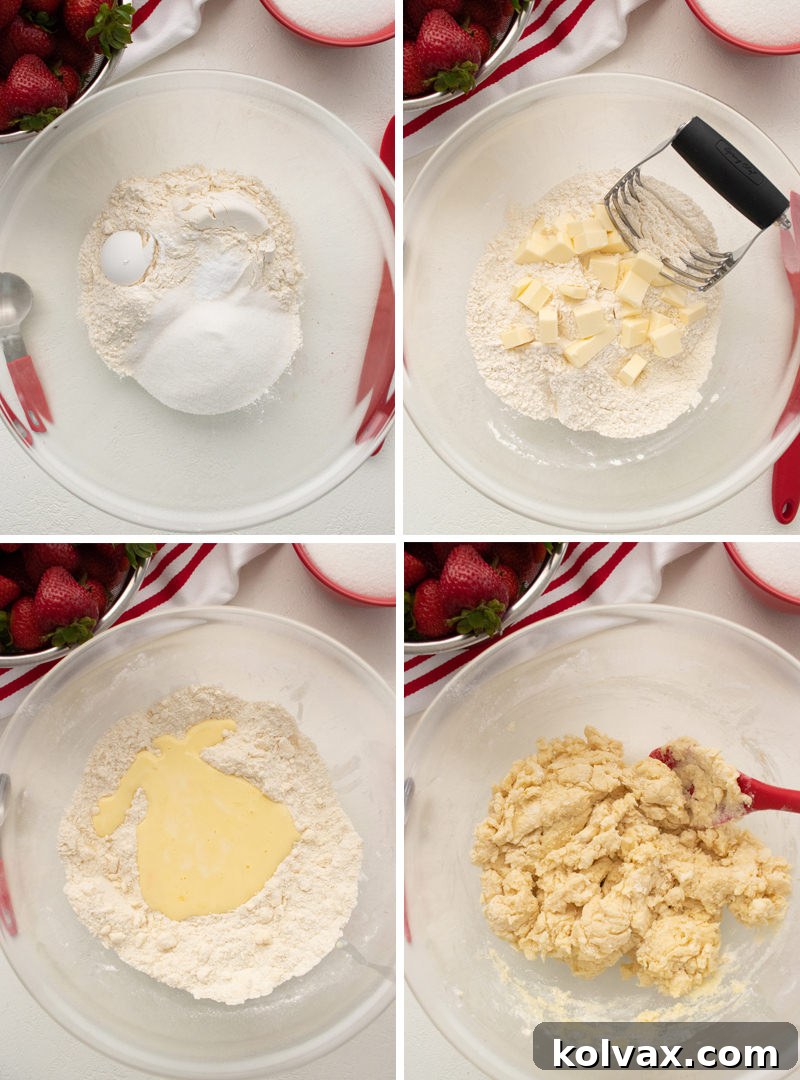 Collage showing the process of mixing ingredients and forming dough for sweet biscuits