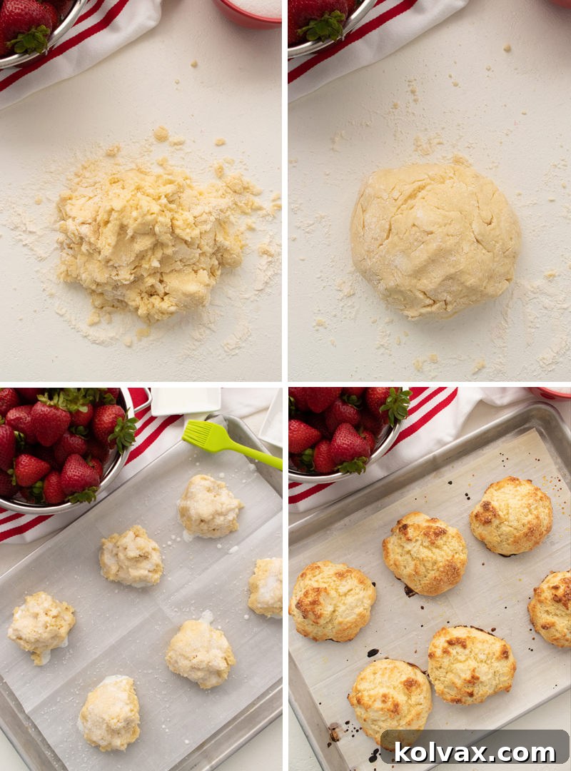 A collage showing the steps to bake sweet biscuits for Homemade Strawberry Shortcake, including kneading, shaping, and baking.