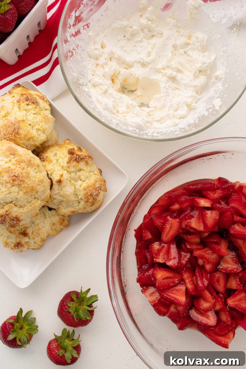 Ingredients for Strawberry Shortcake assembly: sliced strawberries, whipped cream, and sweet biscuits.