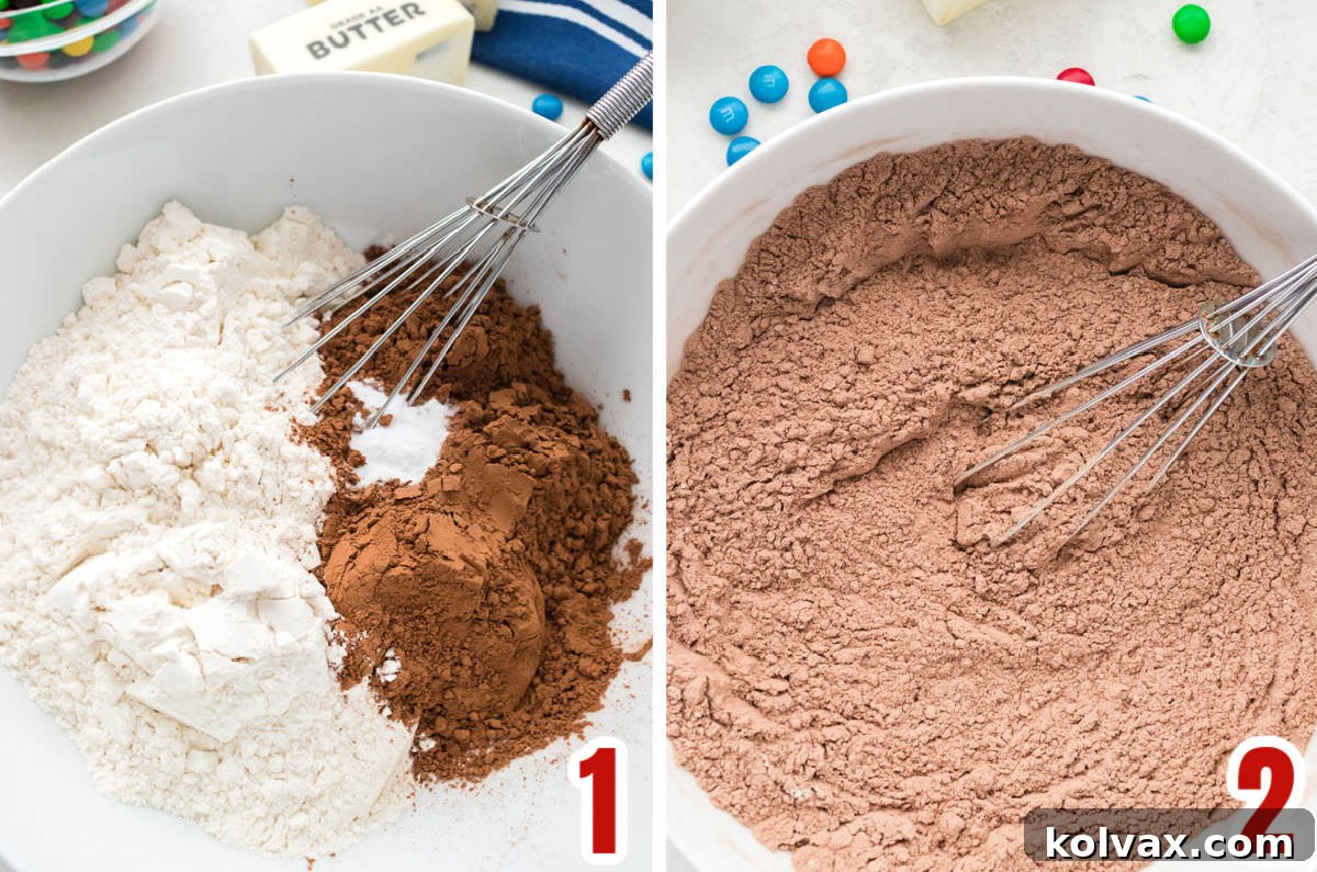 Colorful Chocolate Candy Cookies 3 A collage image illustrating the initial steps of preparing chocolate M&M cookie dough, focusing on combining the dry ingredients with a whisk.