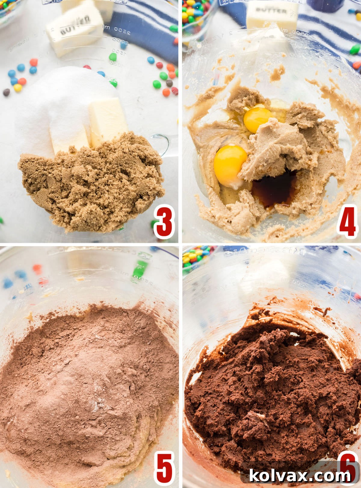 Colorful Chocolate Candy Cookies 4 A visual guide showing a collage of steps for mixing the wet ingredients and combining them with dry ingredients to form the rich chocolate M&M cookie dough.