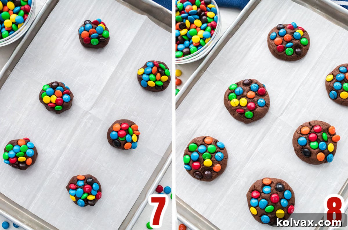 Colorful Chocolate Candy Cookies 5 A two-panel collage displaying chocolate M&M cookie dough balls on a baking sheet before baking and the beautifully baked, still warm chocolate M&M cookies after removal from the oven.
