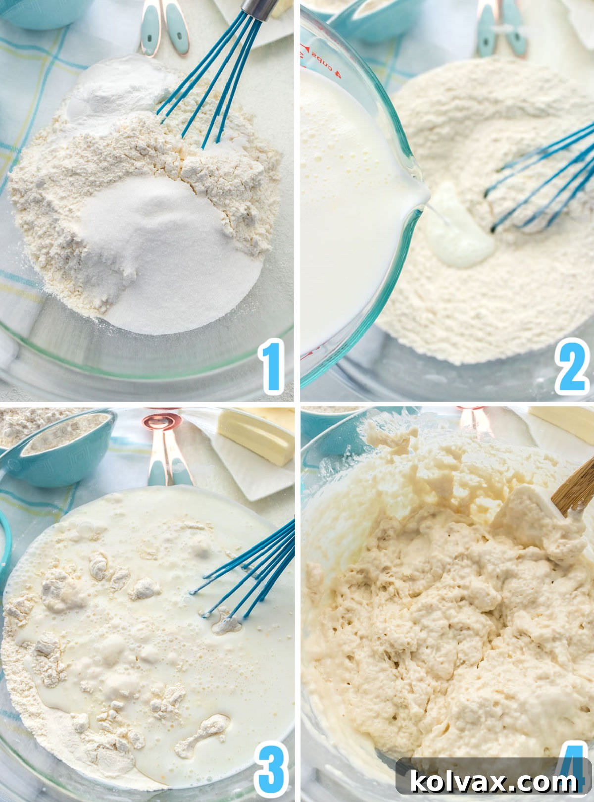 Melt-in-Your-Mouth Buttery Biscuits 3 Collage image demonstrating the four steps to prepare Butter Dip Biscuit dough, showing mixing dry ingredients, adding buttermilk, gentle mixing, and the final wet, sticky dough consistency.