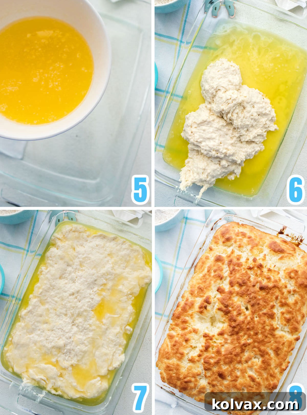 Melt-in-Your-Mouth Buttery Biscuits 4 Collage image illustrating the preparation steps for Butter Swim Biscuits before baking, showing melted butter in a pan, dough being spooned in, and the dough being spread evenly.