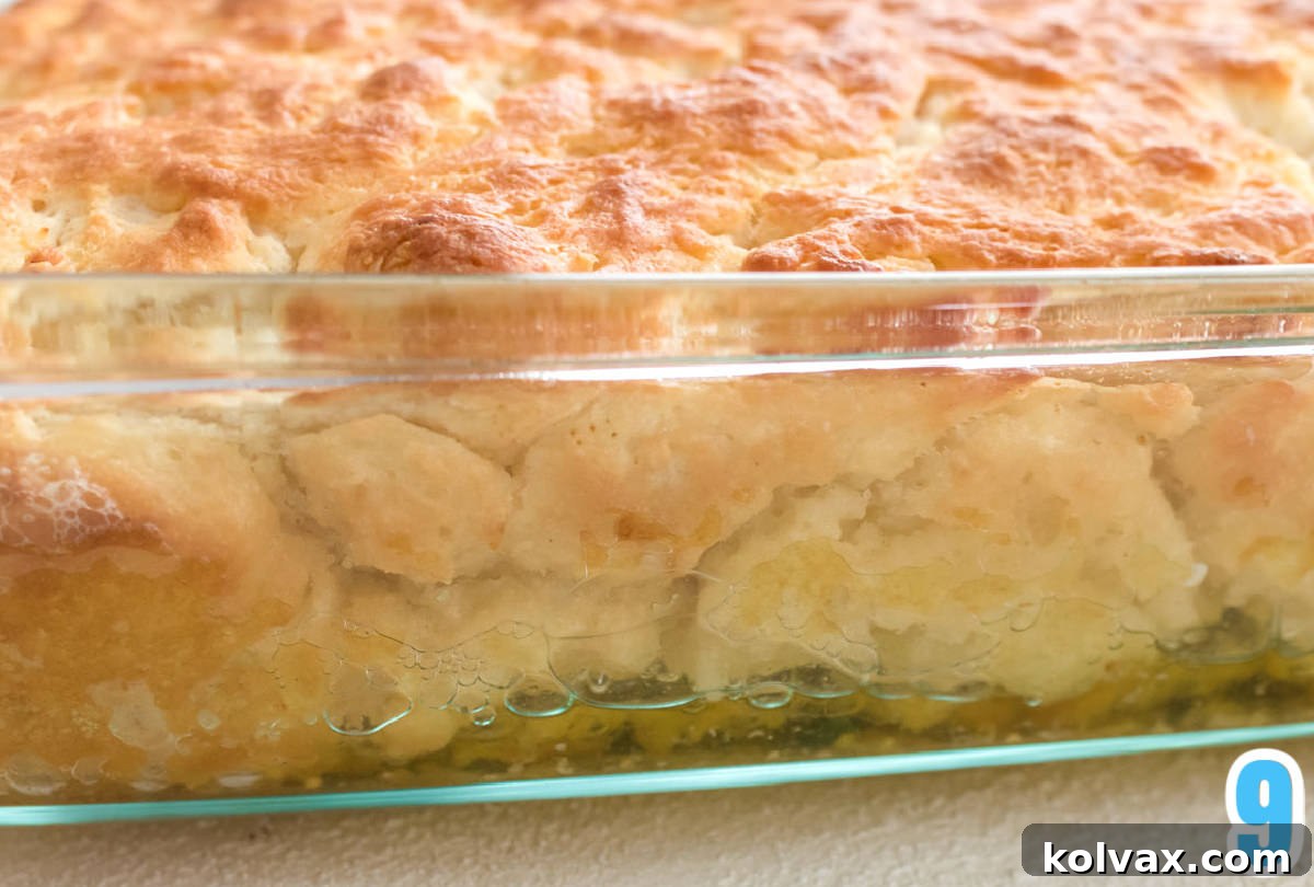 Melt-in-Your-Mouth Buttery Biscuits 5 Closeup on a clear glass baking dish filled with golden-brown Butter Swim Biscuits still bubbling in a bed of melted butter straight out of the oven.