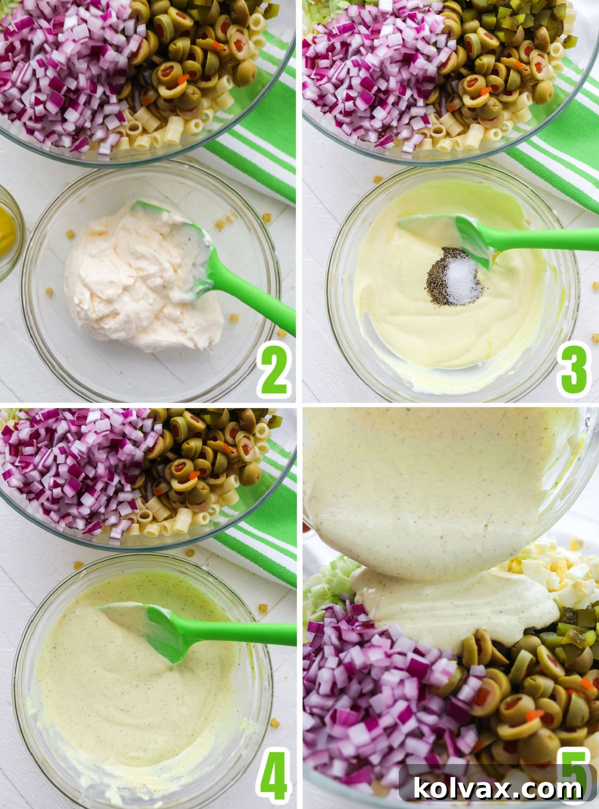 A collage image illustrating the easy process of making the creamy Classic Macaroni Salad dressing. Bowls show mayonnaise, mustard, and apple cider vinegar, ready to be combined and mixed for the perfect tangy and rich consistency.