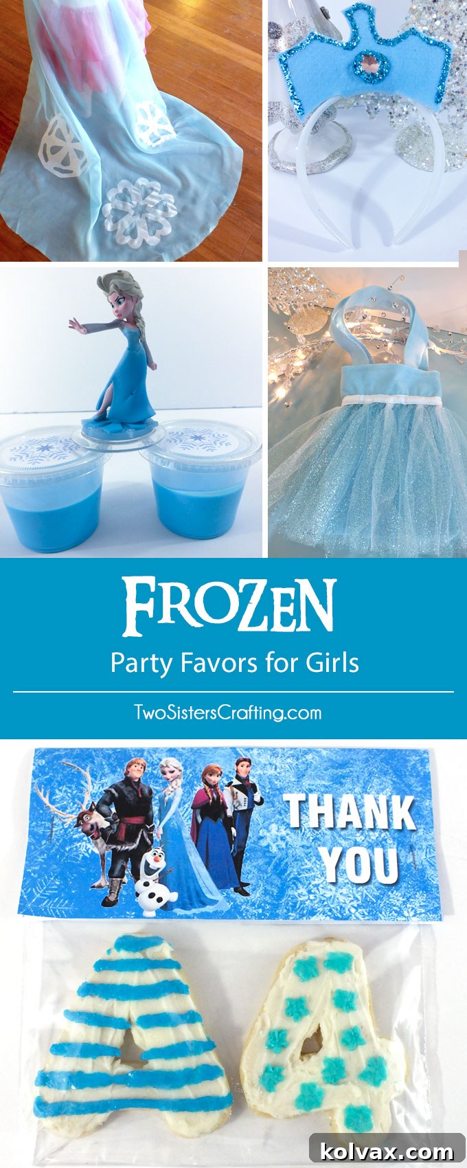 Large collage of various DIY Frozen Party Favors for Girls, featuring Elsa Capes, Party Favor Bags, Crowns, Troll Slime, and Thank You Cookies, inspiring ideas for a complete Frozen birthday party setup.