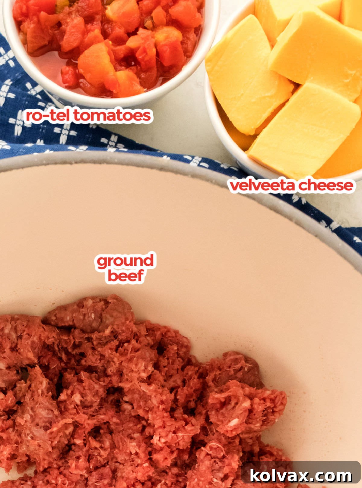 Ingredients needed to make Rotel Dip including Ground Beef, Velveeta Cheese, and Ro-Tel Tomatoes.