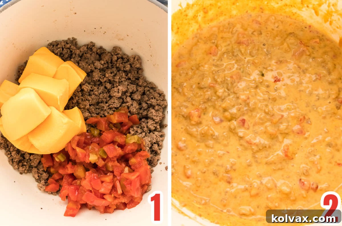 Collage image showing the steps for making Rotel Dip.