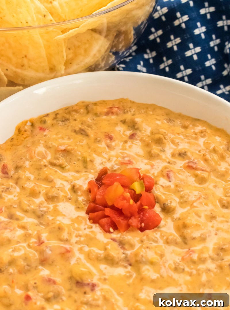 Rotel Dip in a white bowl with a spoonful of Ro-Tel Tomatoes in the center next to a glass bowl full of chips.