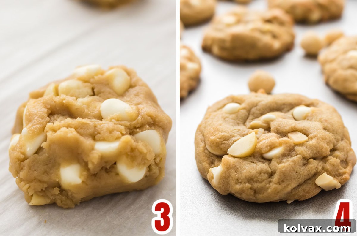Collage image showing the White Chocolate Macadamia Nut Cookies before they go into the oven and after then come out of the oven.