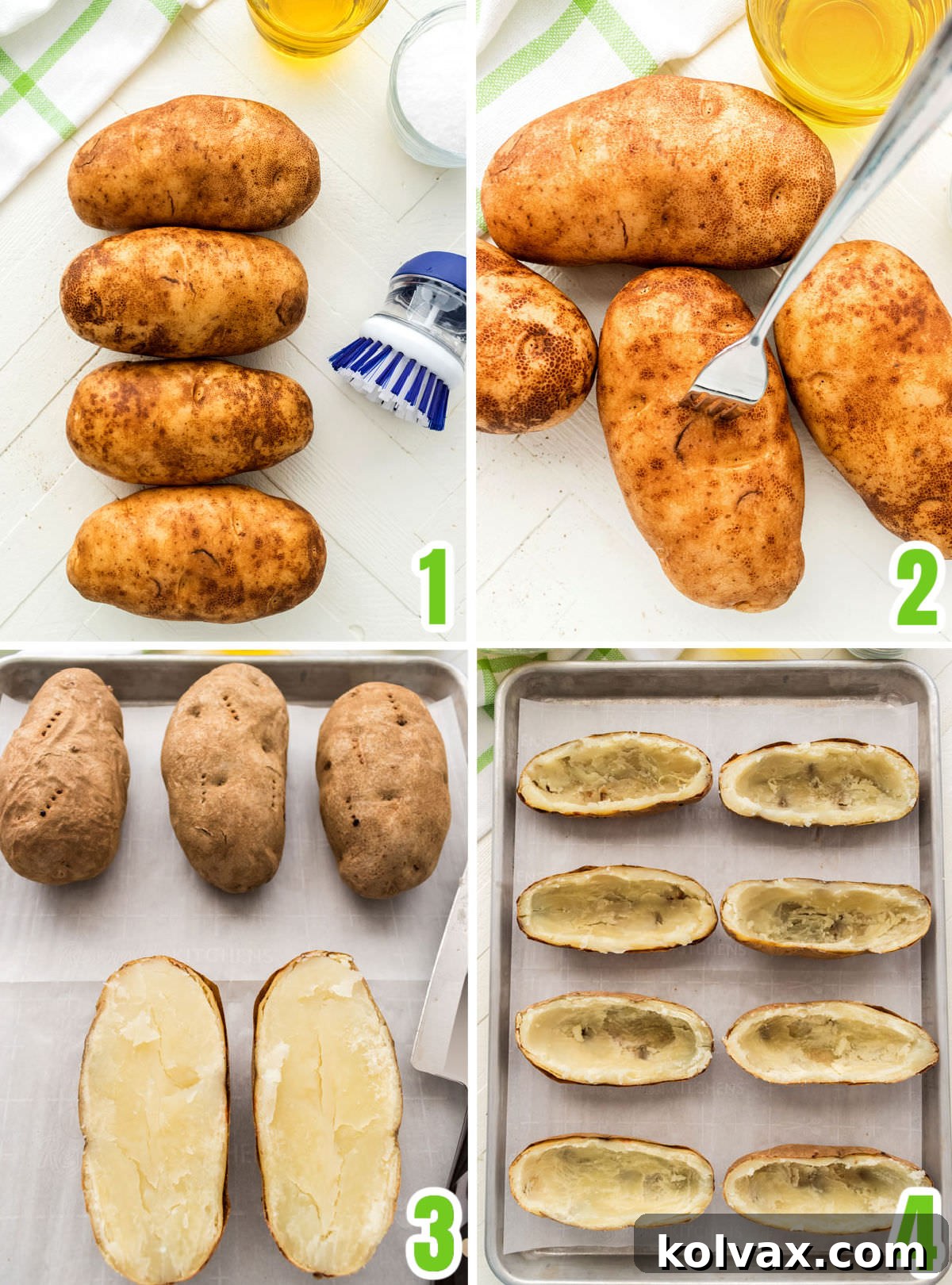 Creamy Stuffed Potato Perfection 3 Collage image showing the steps required to bake the potatoes to turn into Twice Baked Potatoes.