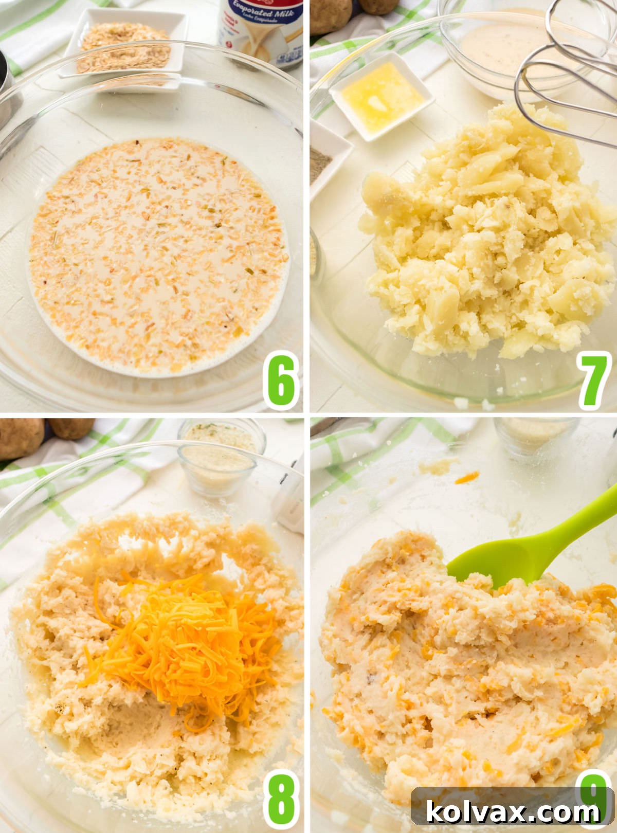 Creamy Stuffed Potato Perfection 5 Collage image showing the steps required to make the potato filling for the Twice Baked Potatoes.