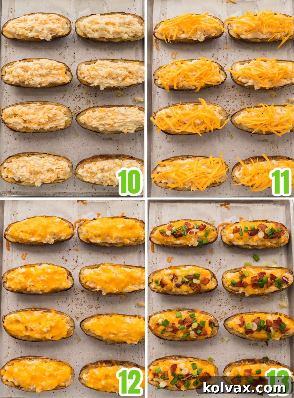 Creamy Stuffed Potato Perfection 6 Collage image showing the steps for assembling the Twice Baked Potatoes and reheating them in the oven.