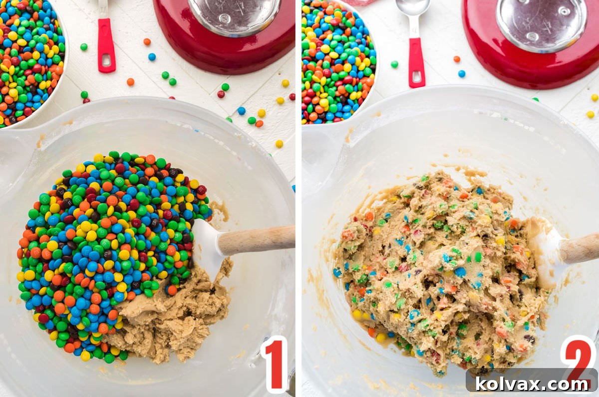 A collage of three images demonstrating the step-by-step process of making Mini M&M Cookie Dough. The images show butter and sugar creaming, followed by the addition of eggs and vanilla, and finally, the incorporation of dry ingredients, leading to a perfectly mixed dough.