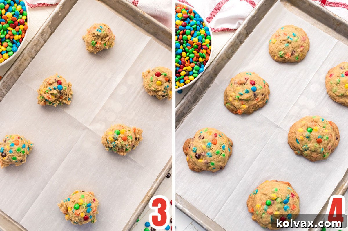 A collage showing the progression of Mini M&M Cookies from raw dough on a baking sheet before the oven to beautifully baked, golden-brown cookies with slightly cracked M&M's after baking. This visual guide ensures bakers know what to look for.