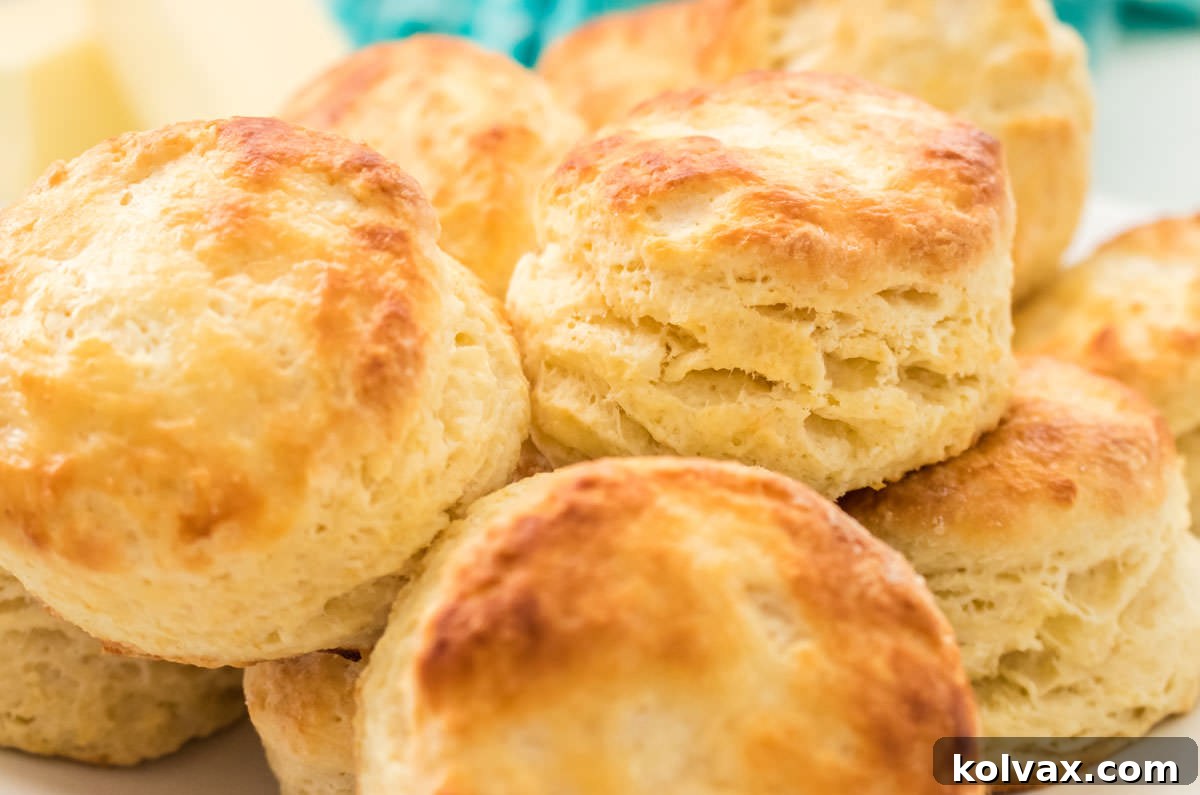 Closeup on a white serving bowl filled with a batch of homemade Buttermilk Biscuits, showcasing their golden-brown tops and airy texture.