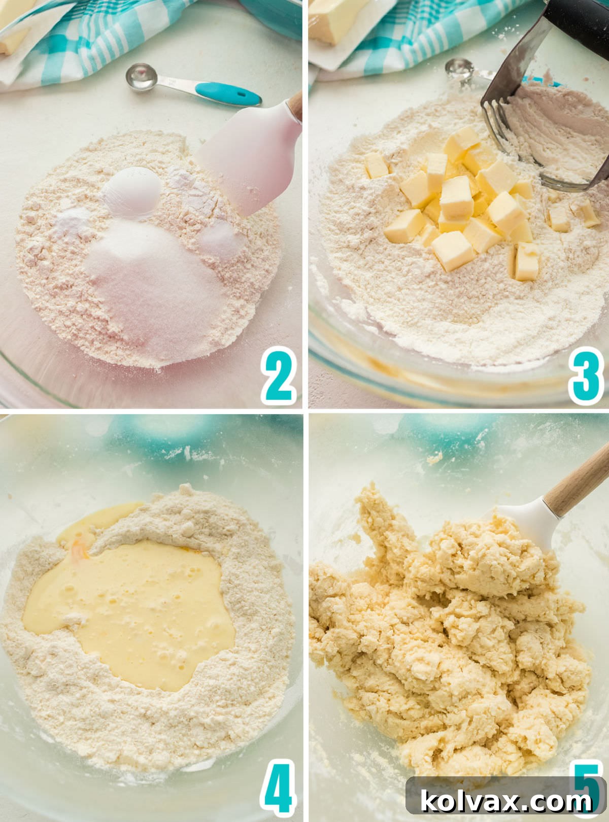 A collage of three images demonstrating the steps to make buttermilk biscuit dough: mixing dry ingredients, cutting in cold butter, and combining wet and dry ingredients.