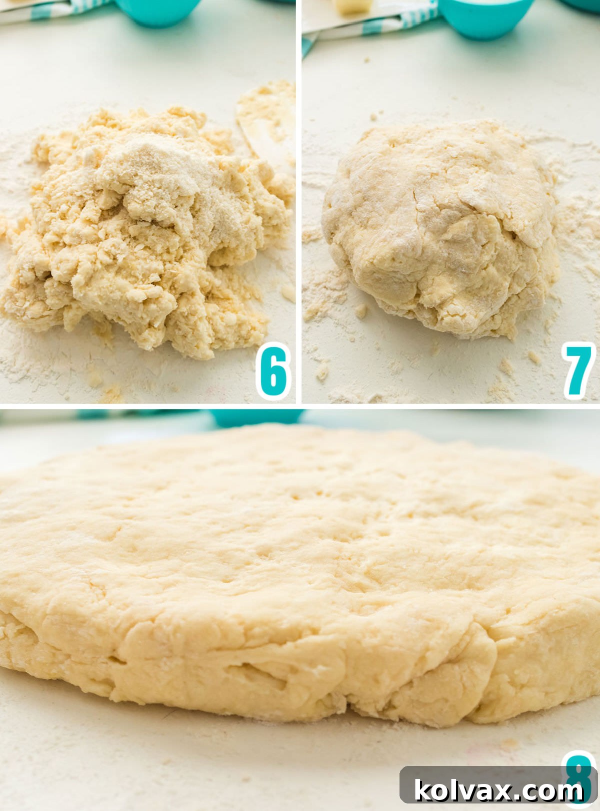 A collage showing the steps of kneading buttermilk biscuit dough gently on a floured surface and then cutting out individual biscuits with a round cutter.