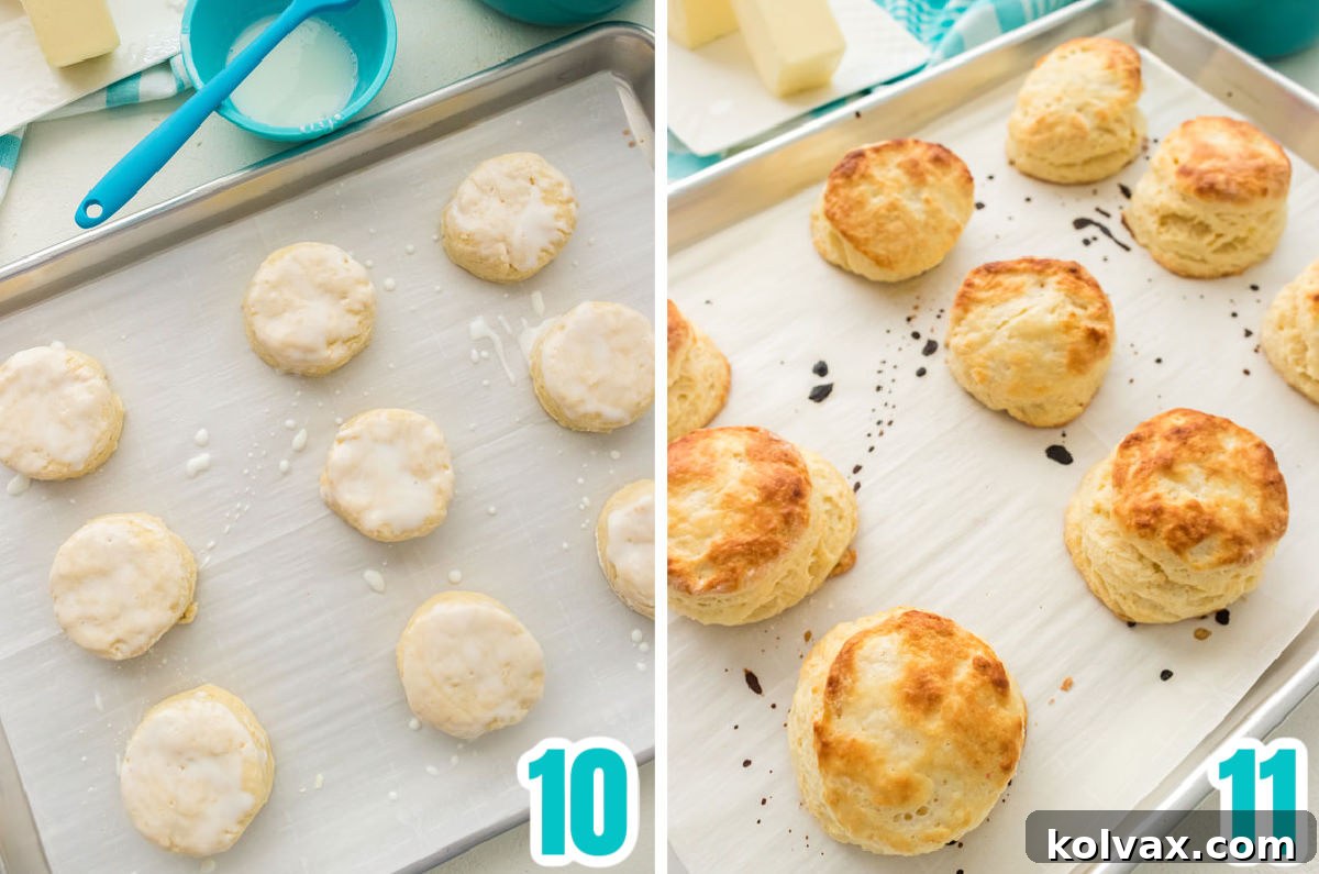 A collage comparing raw buttermilk biscuits placed on a baking sheet before oven, and the same biscuits after baking, golden brown and perfectly risen.