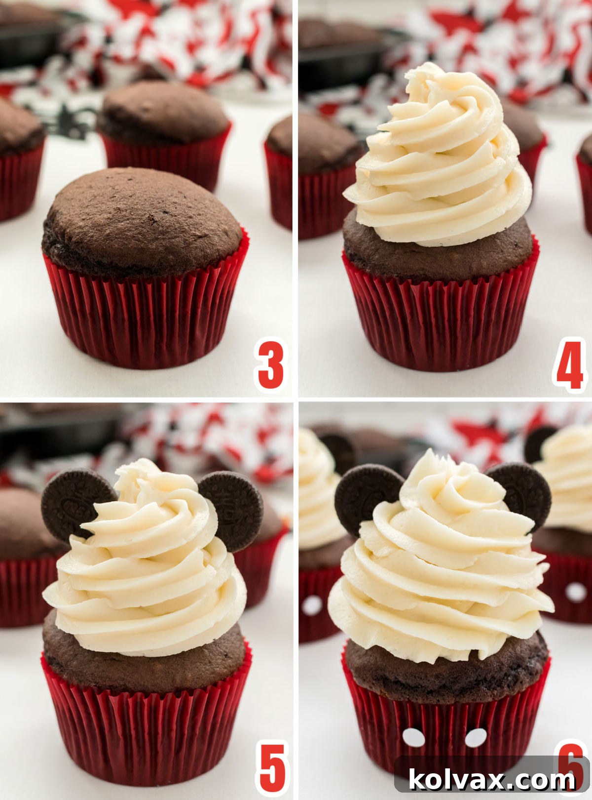 A step-by-step collage illustrating how to decorate Mickey Mouse Cupcakes with frosting, Oreo ears, and white button details.