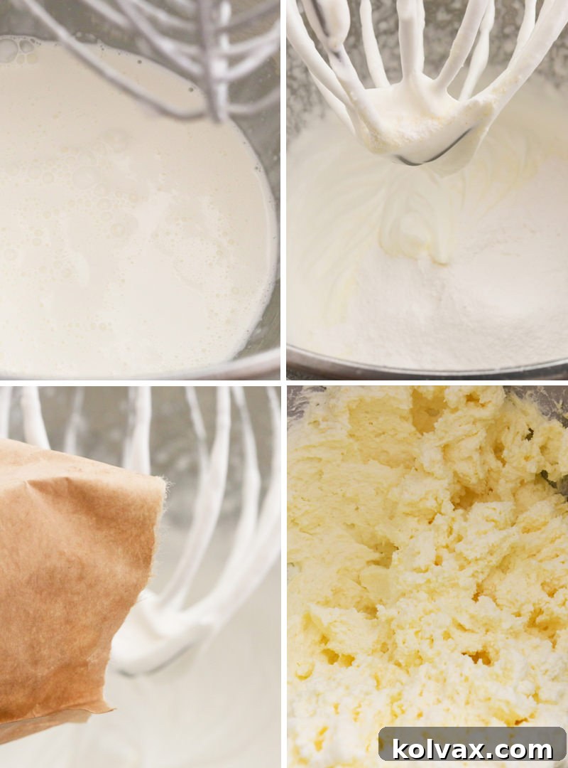 A step-by-step visual guide showing how to prepare Banana Whipped Cream Frosting, from whipping cream to adding pudding mix