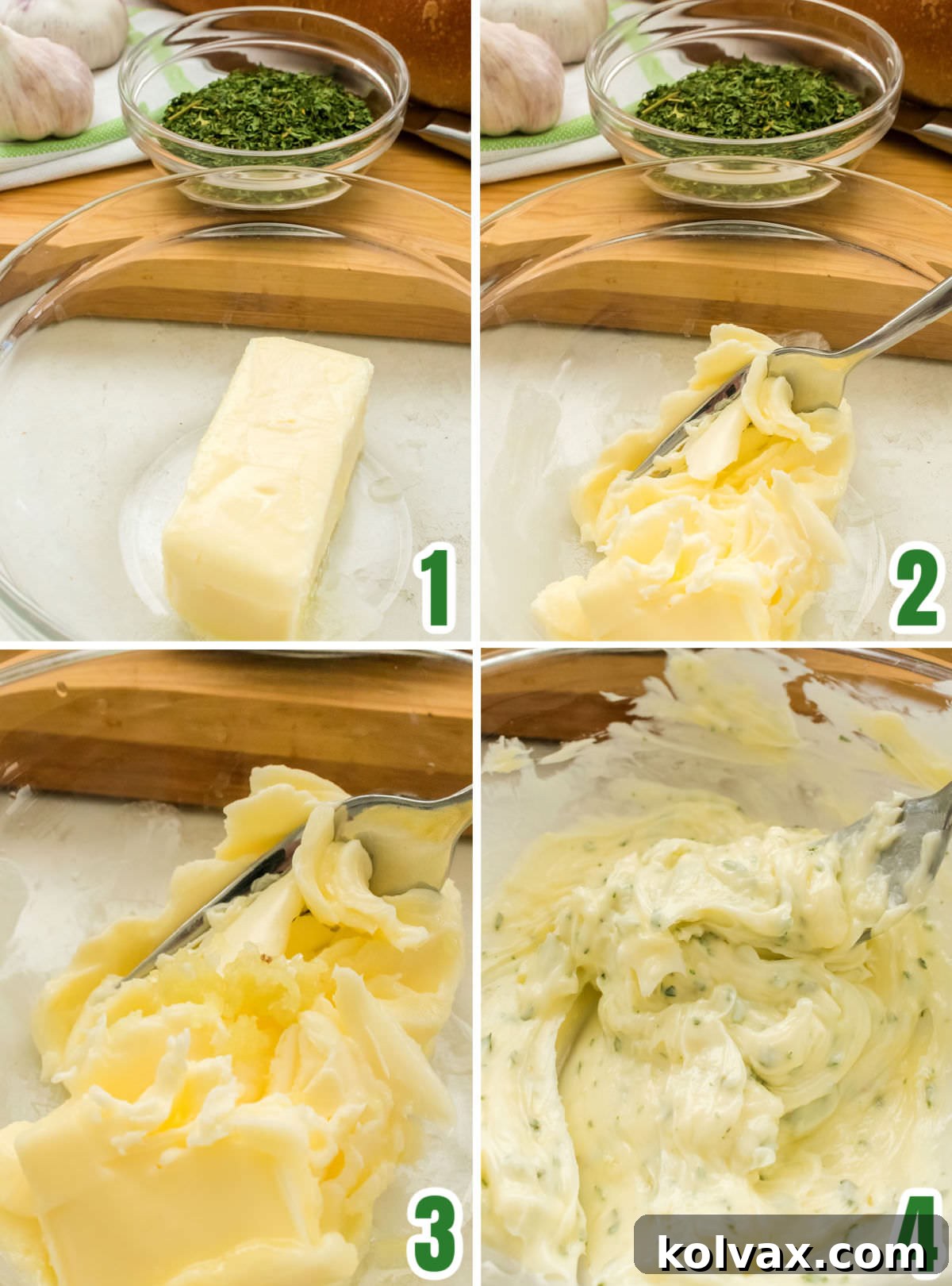 A collage demonstrating the steps to make garlic butter: softening butter, mincing garlic, mixing garlic with butter, and finally adding parsley flakes and mixing again.