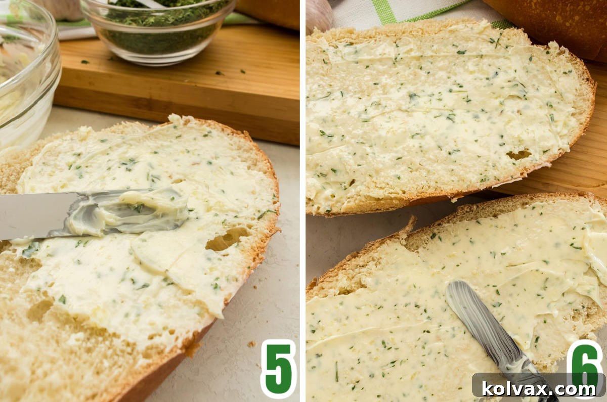 A collage showing how to slice French bread and generously spread garlic butter over the cut surfaces before baking.