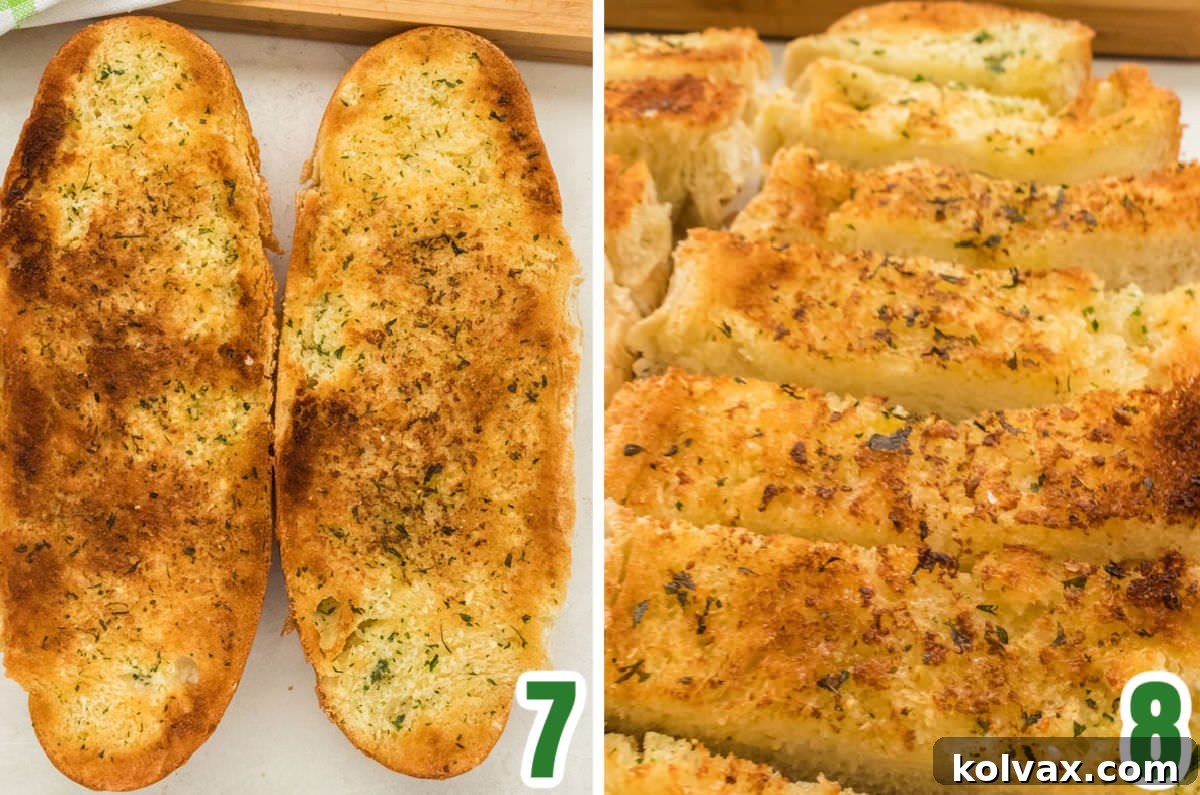 A collage depicting the final step of baking garlic bread under the broiler until golden brown and crispy.