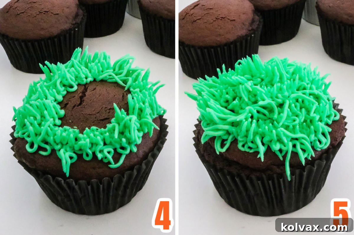 Collage image detailing the process of applying green, grass-like frosting to the top of a cupcake using a piping bag.