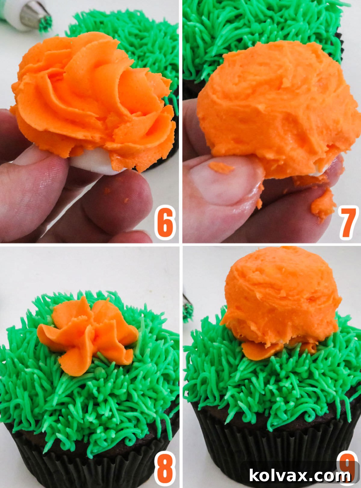 Collage image showing the detailed steps for preparing and placing a marshmallow pumpkin base onto the green frosted cupcake.