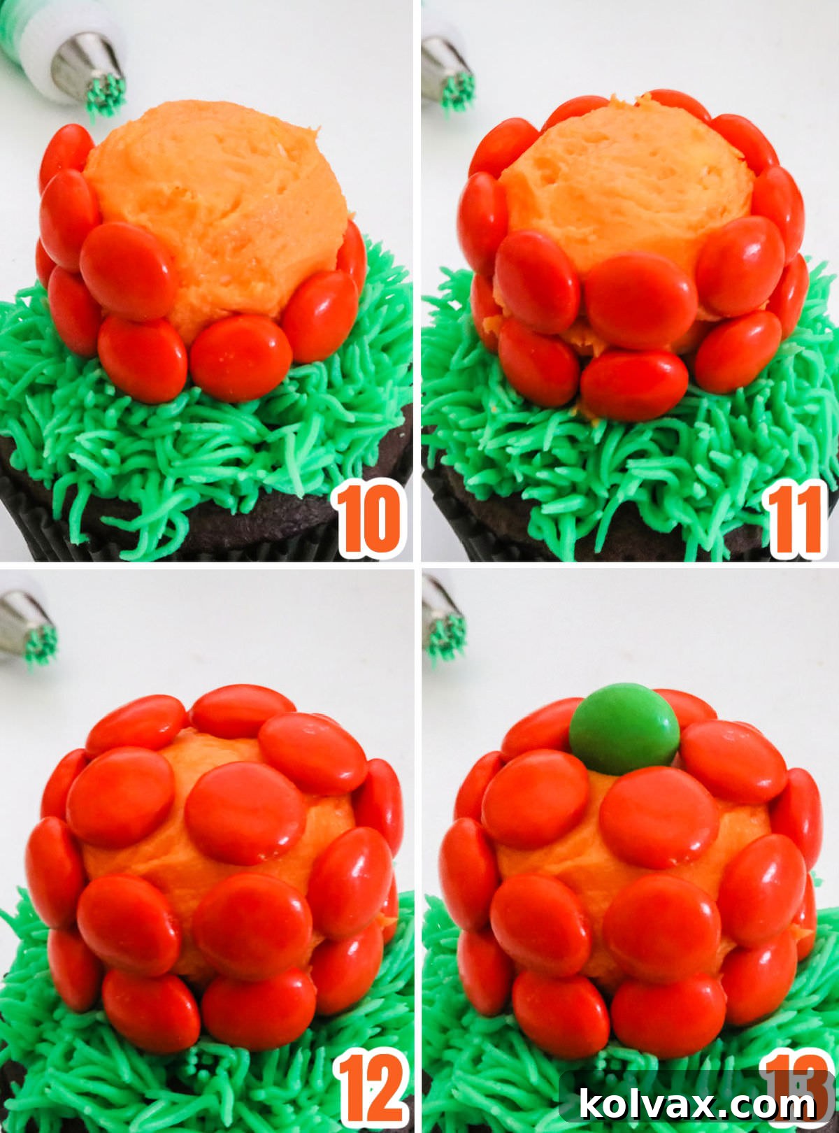 Collage image demonstrating the final steps of creating a complete pumpkin using a marshmallow, orange M&M's, and a green M&M for the stem.