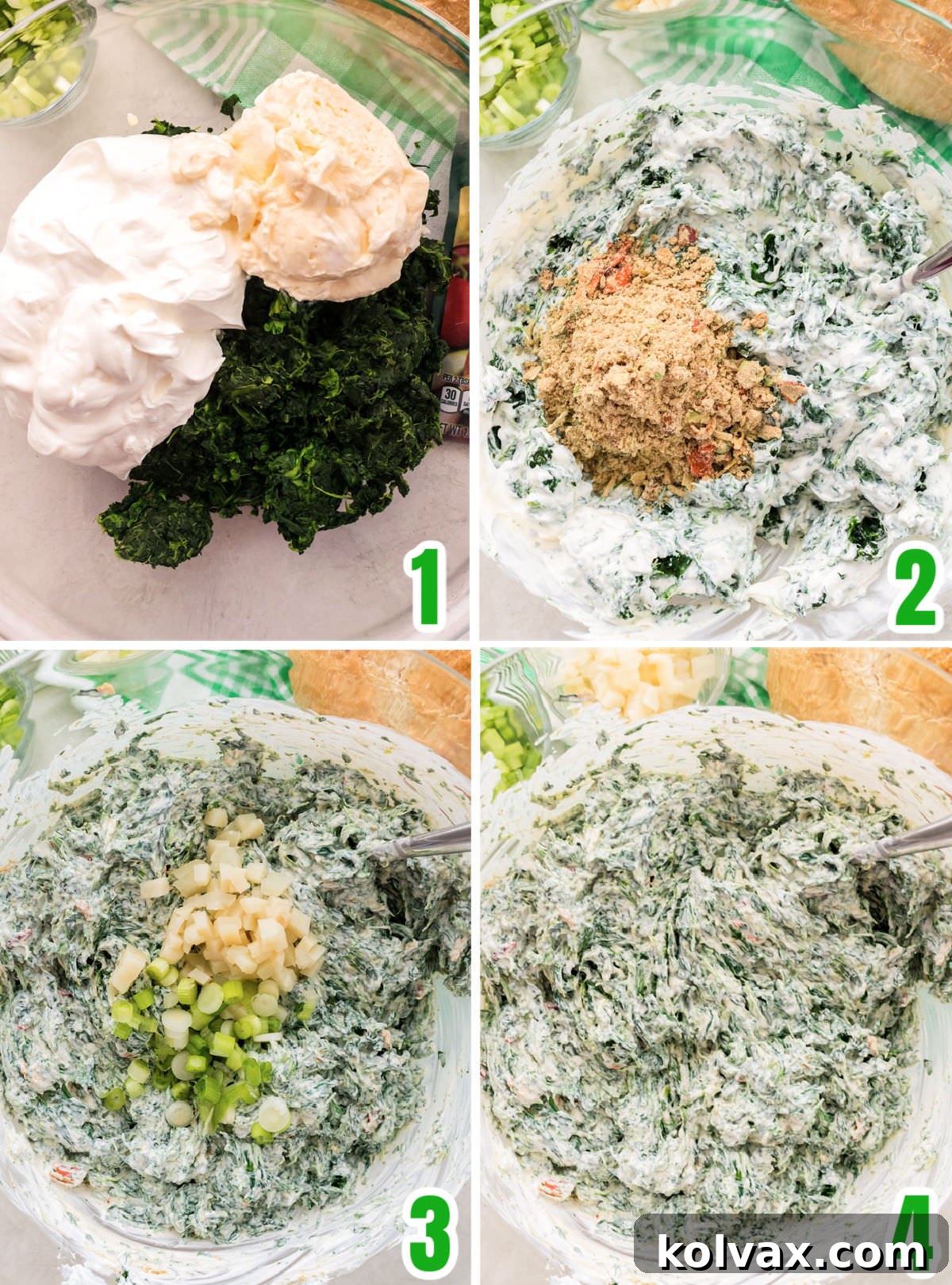 Collage image showing the steps you need to take to make Spinach Dip: defrosting spinach, mixing ingredients, adding water chestnuts and green onions.