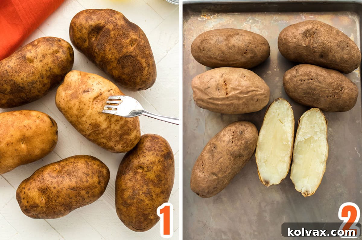 Crispy Loaded Potato Boats 3 Collage image showing the step-by-step process for perfectly baking potatoes for Potato Skins, including washing, poking, and the finished tender potatoes.