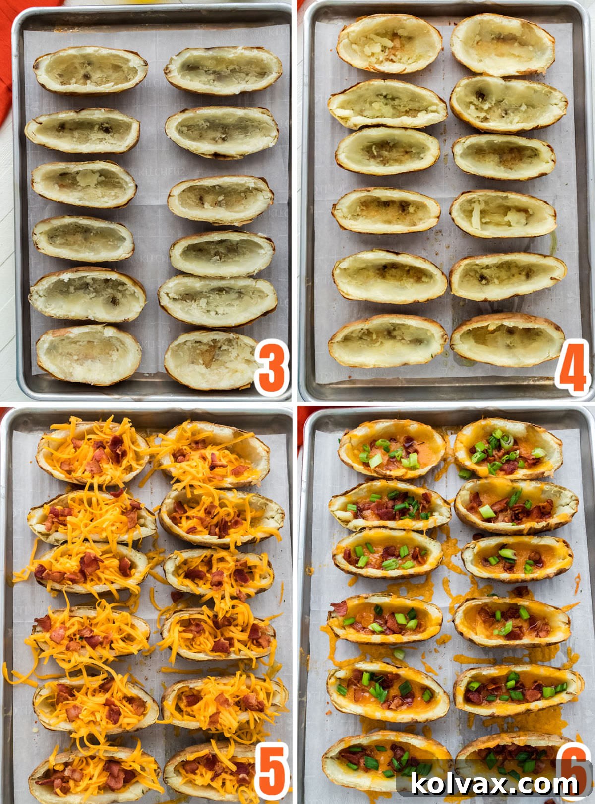 Crispy Loaded Potato Boats 4 Collage image demonstrating the detailed steps for assembling Potato Skins: cutting, scooping, oiling, seasoning, loading with cheese and bacon, and final baking.