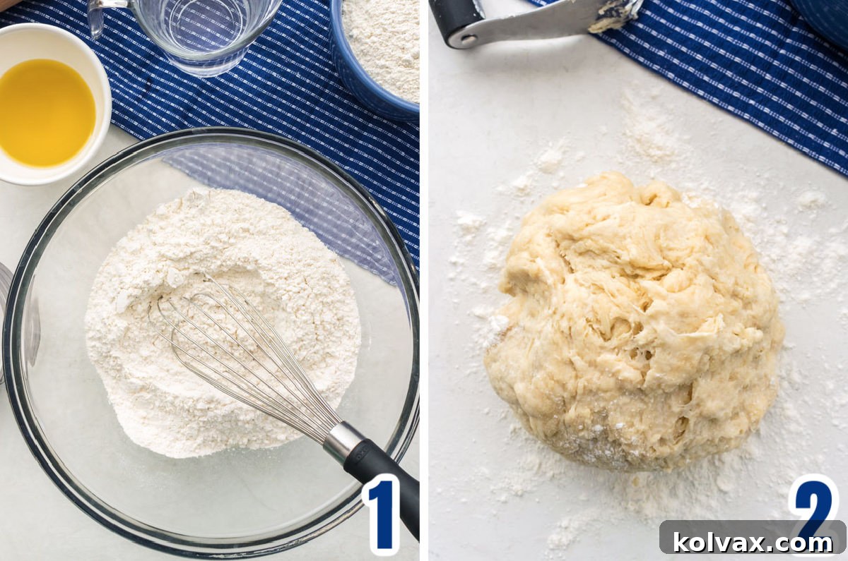 A collage of images demonstrating the initial steps of making tortilla dough: combining dry ingredients, adding olive oil, and then mixing in water until just combined.
